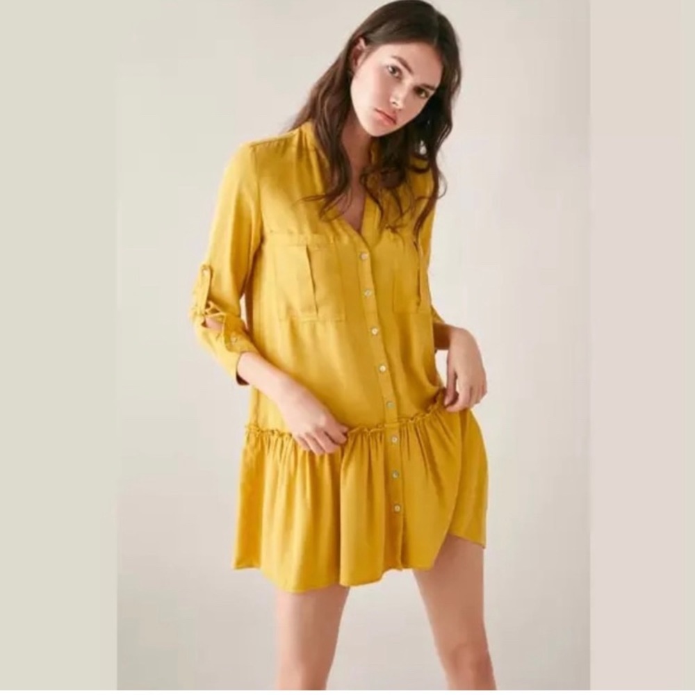 Zara Shirt Dress Mustard Yellow With Ruffled Hem - Picture 4 of 15